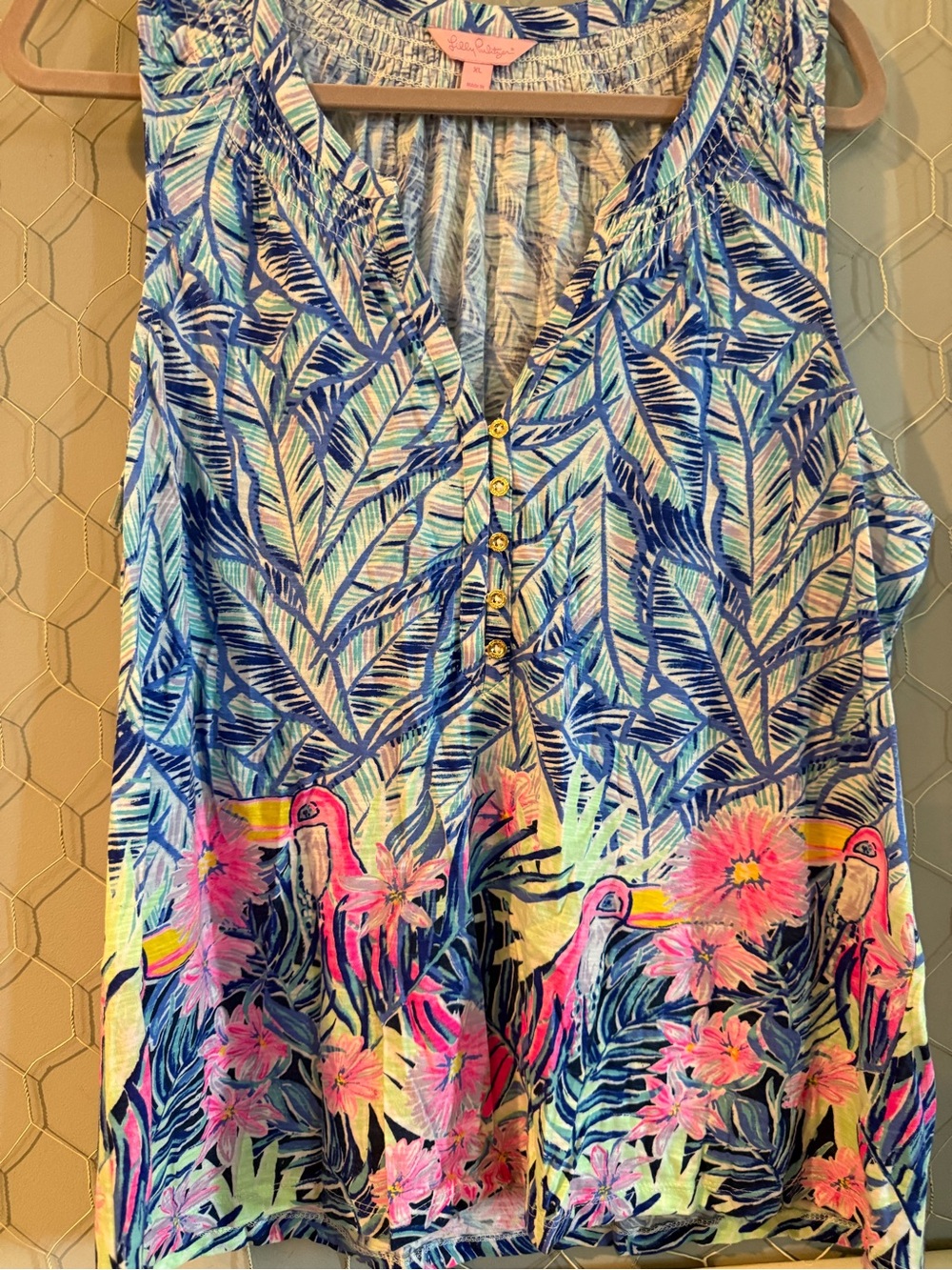 Lilly Pulitzer Blue and Pink Tropical Print Sleeveless Top